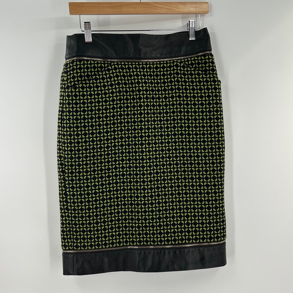 Per Se Wool Cotton‎ Leather Trim Pencil Skirt Green Black Geometric Size 4